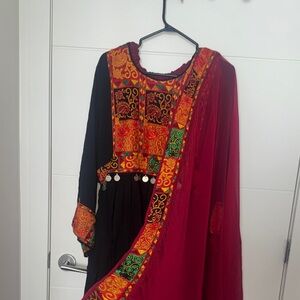 Embroidered Black & Burgundy Traditional Dress with Colorful Patchwork Trim